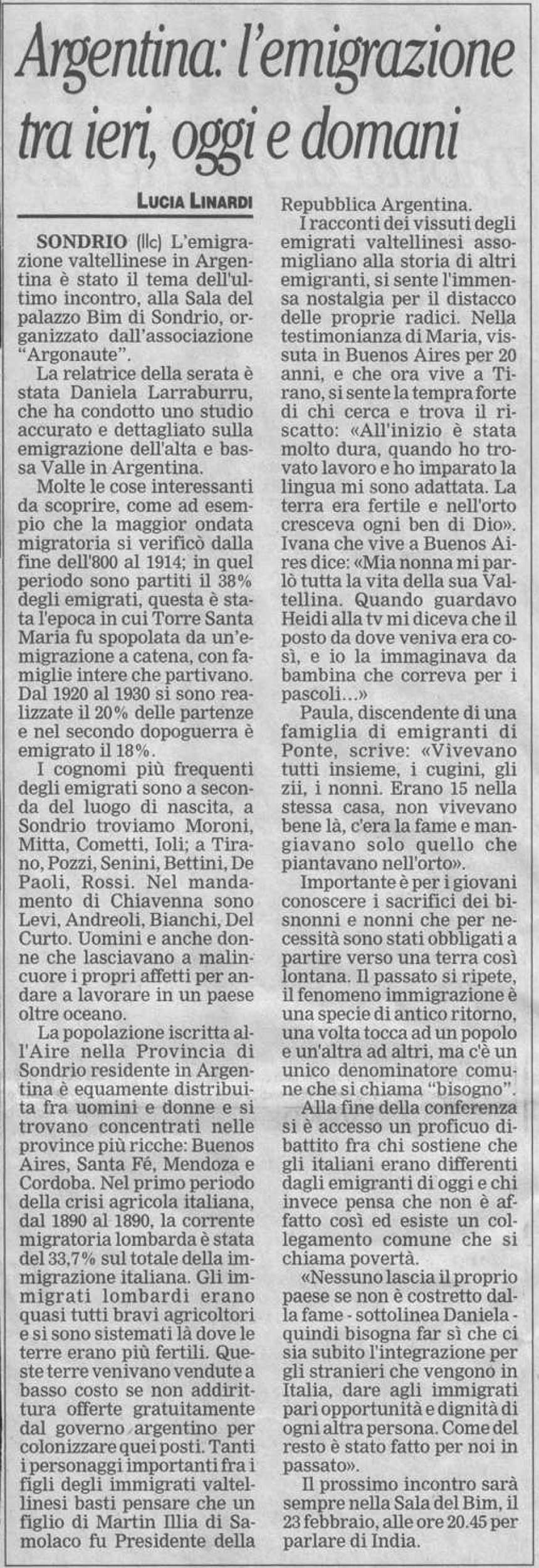 2006-02-09 Argentina: l’emigrazione tra ieri, oggi e domani