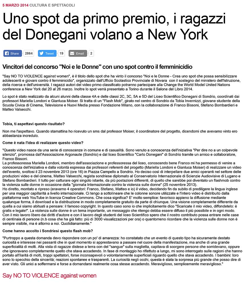 2014-05-03 Violenza contro le donne, il video del liceo Donegani vince e vola all’Onu a New York